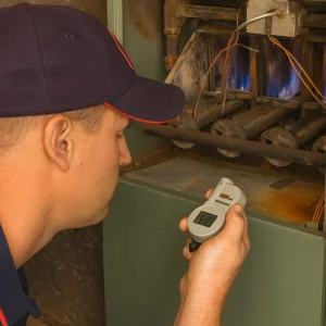 an hvac technician checking a furnace short cycling using a temperature guage